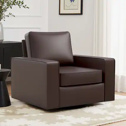 Front. KERDOM - Swivel Accent Armchair, PU Leather Upholstered Single Sofa Lounge Chair, with Rotating Sofa Rotation Base and Pillow - Coffee.