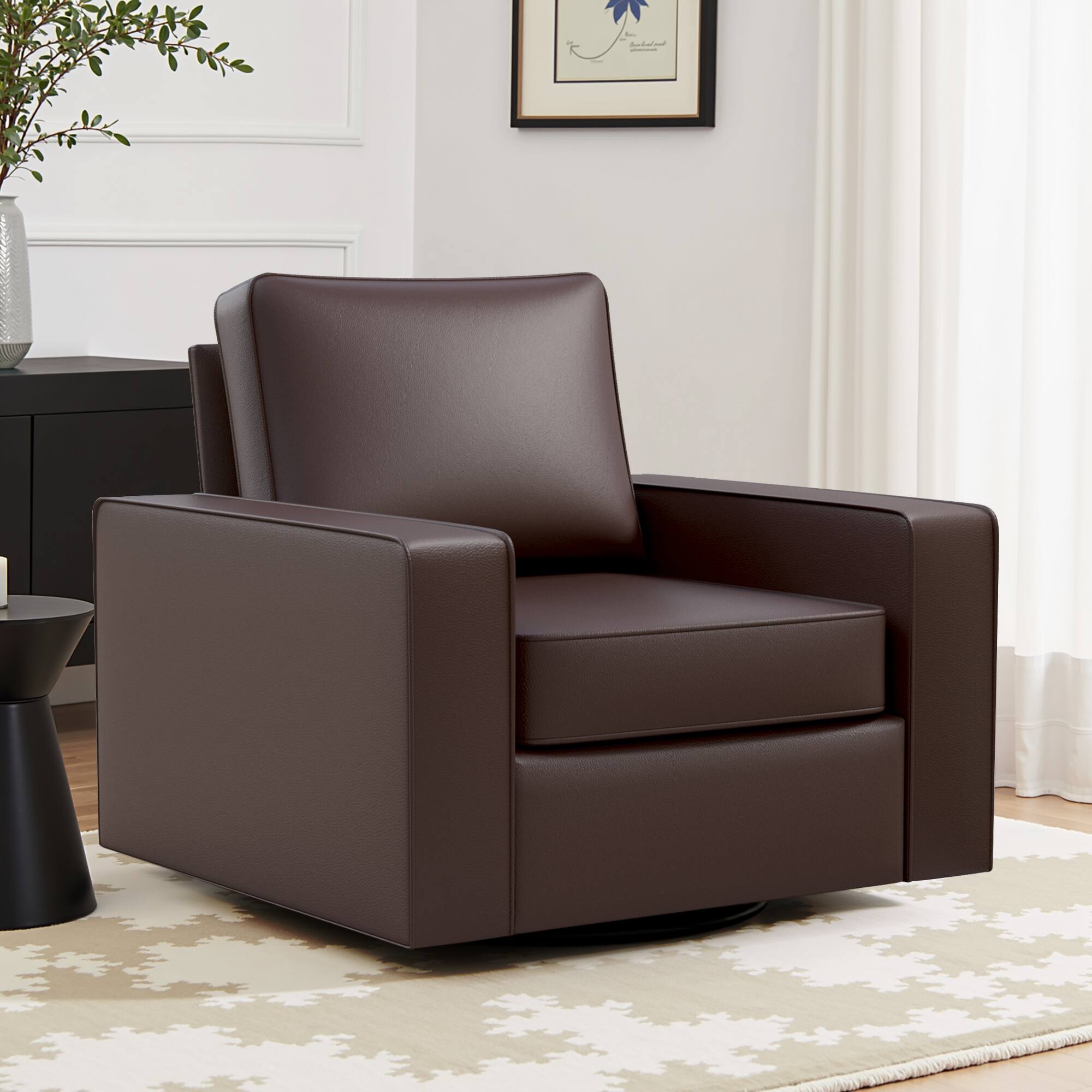 Front. KERDOM - Swivel Accent Armchair, PU Leather Upholstered Single Sofa Lounge Chair, with Rotating Sofa Rotation Base and Pillow - Coffee.
