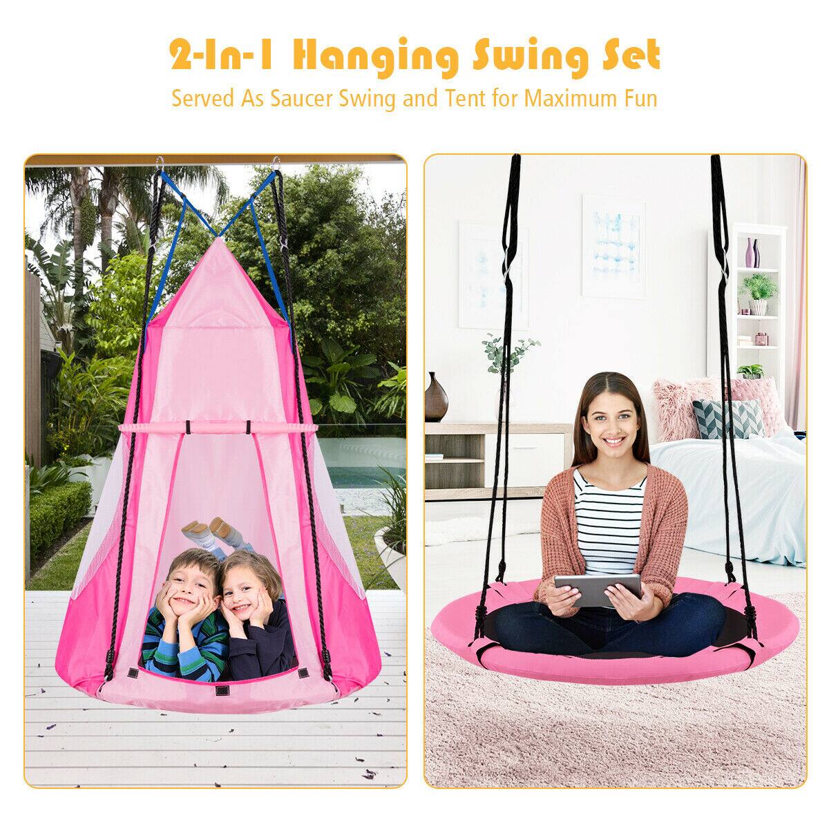2-In-1 Hanging Swing Set  
Served As Saucer Swing and Tent for Maximum Fun