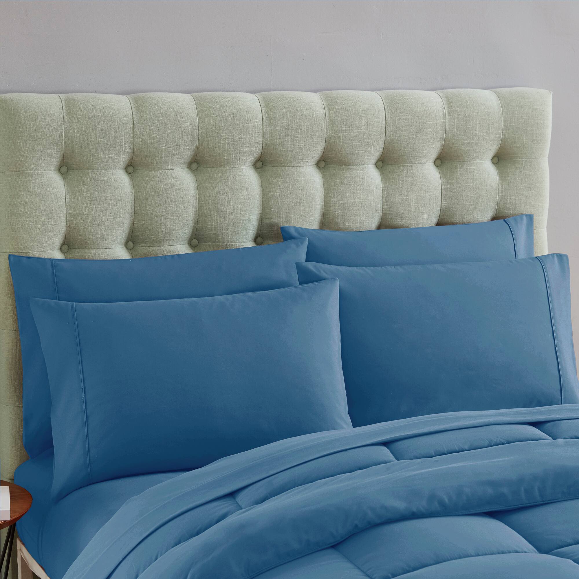 Angle. Sweet Home Collection - All Season Reversible Bed-in-A-Bag Solid Color Comforter & Sheet Set, Queen - Denim.