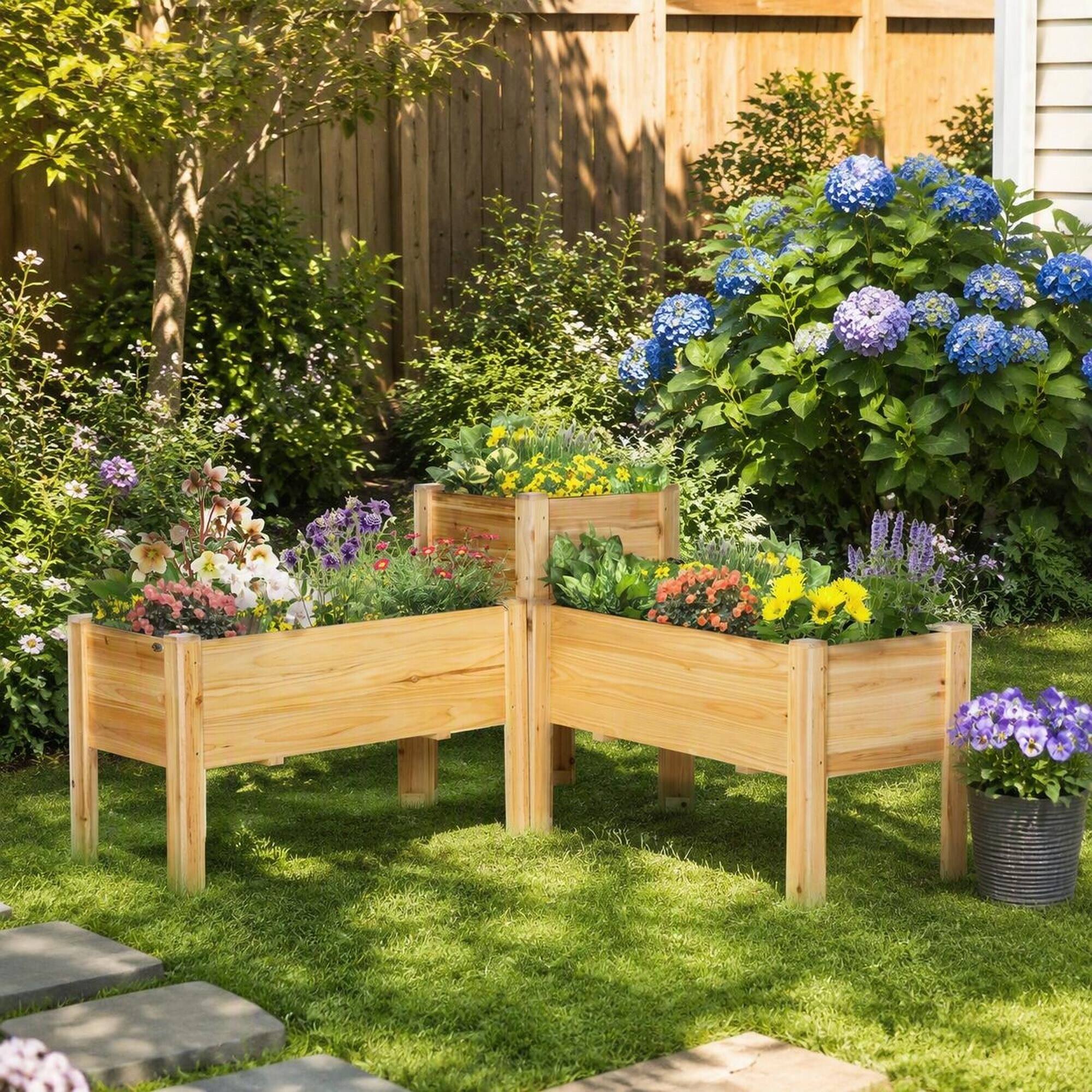 Alt View 2. RYHNUYNE - 3-Piece Wooden Raised Garden Bed Set with Legs and Liner for Vegetables Herbs Flowers in Backyard Patio, Natural - Natural Wood.