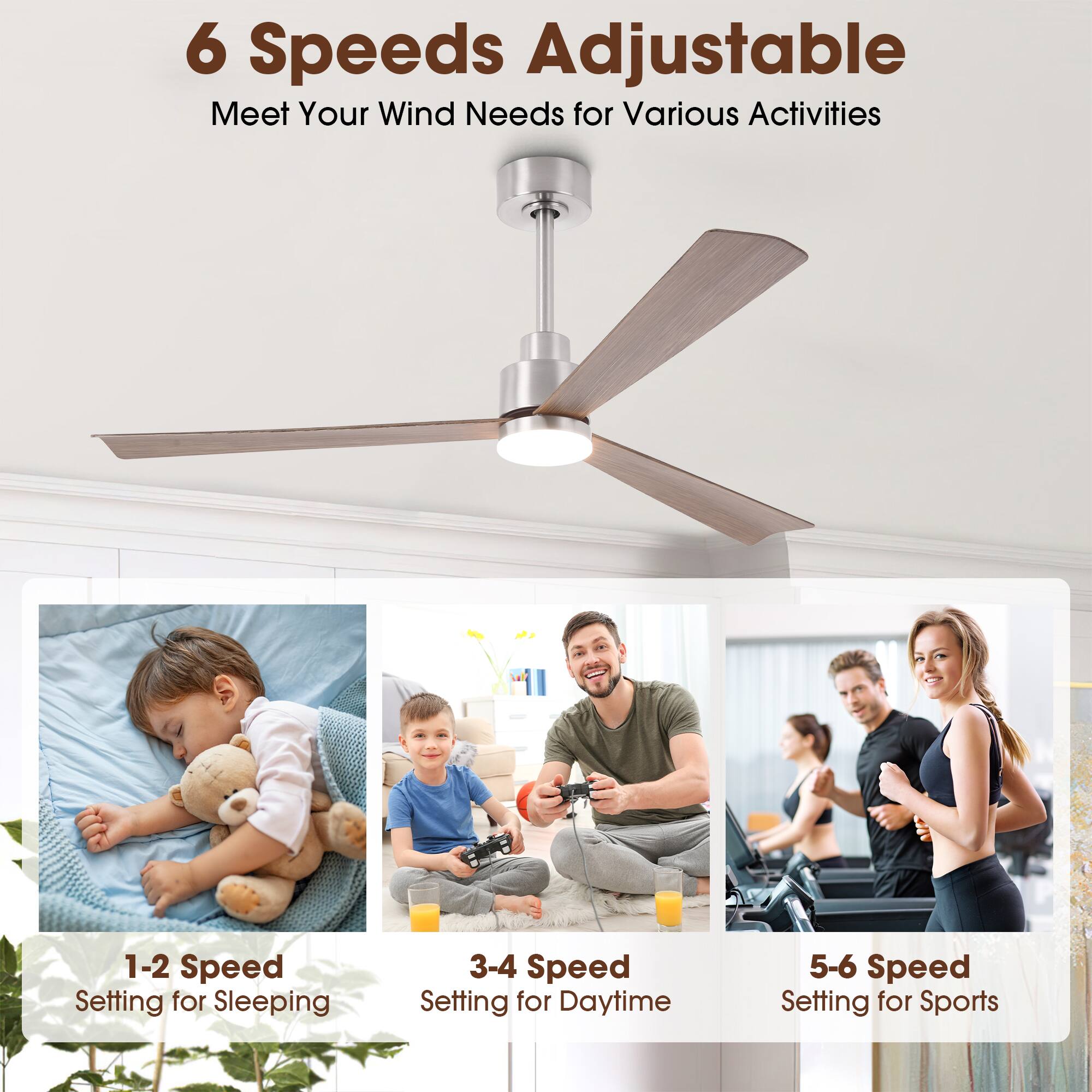 6 Speeds Adjustable  
Meet Your Wind Needs for Various Activities  

1-2 Speed Setting for Sleeping  
3-4 Speed Setting for Daytime  
5-6 Speed Setting for Sports