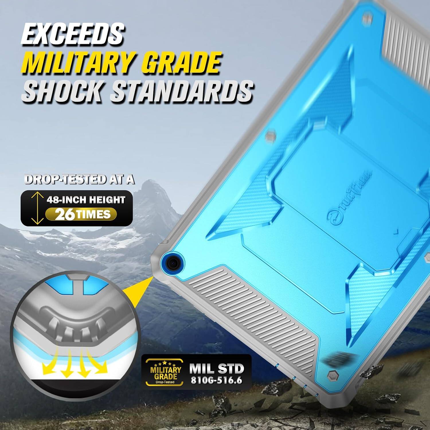 EXCEEDS MILITARY GRADE SHOCK STANDARDS

DROP-TESTED AT A 48-INCH HEIGHT 26 TIMES

MILITARY MIL STD GRADE Drop-Tested 810G-516.6