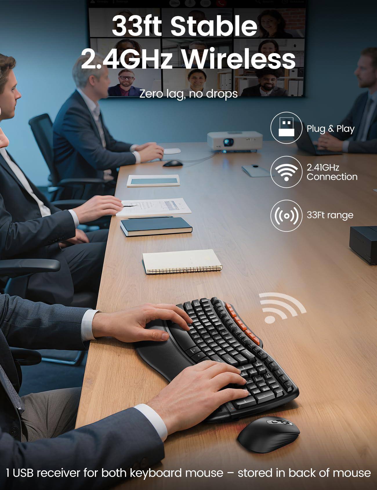 33ft Stable 2.4GHz Wireless  
Zero lag, no drops  

- Plug & Play  
- 2.4GHz Connection  
- 33ft range  

1 USB receiver for both keyboard and mouse – stored in back of mouse