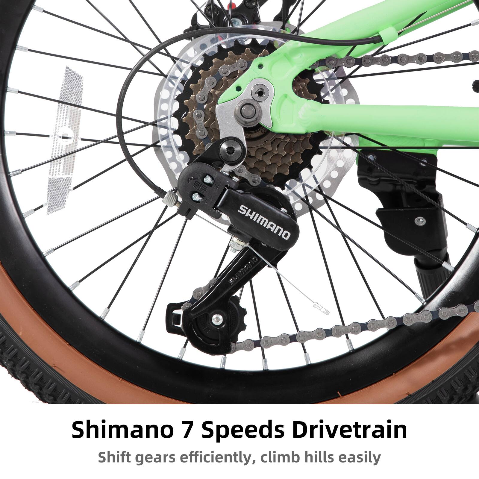 Shimano 7 Speeds Drivetrain  
Shift gears efficiently, climb hills easily