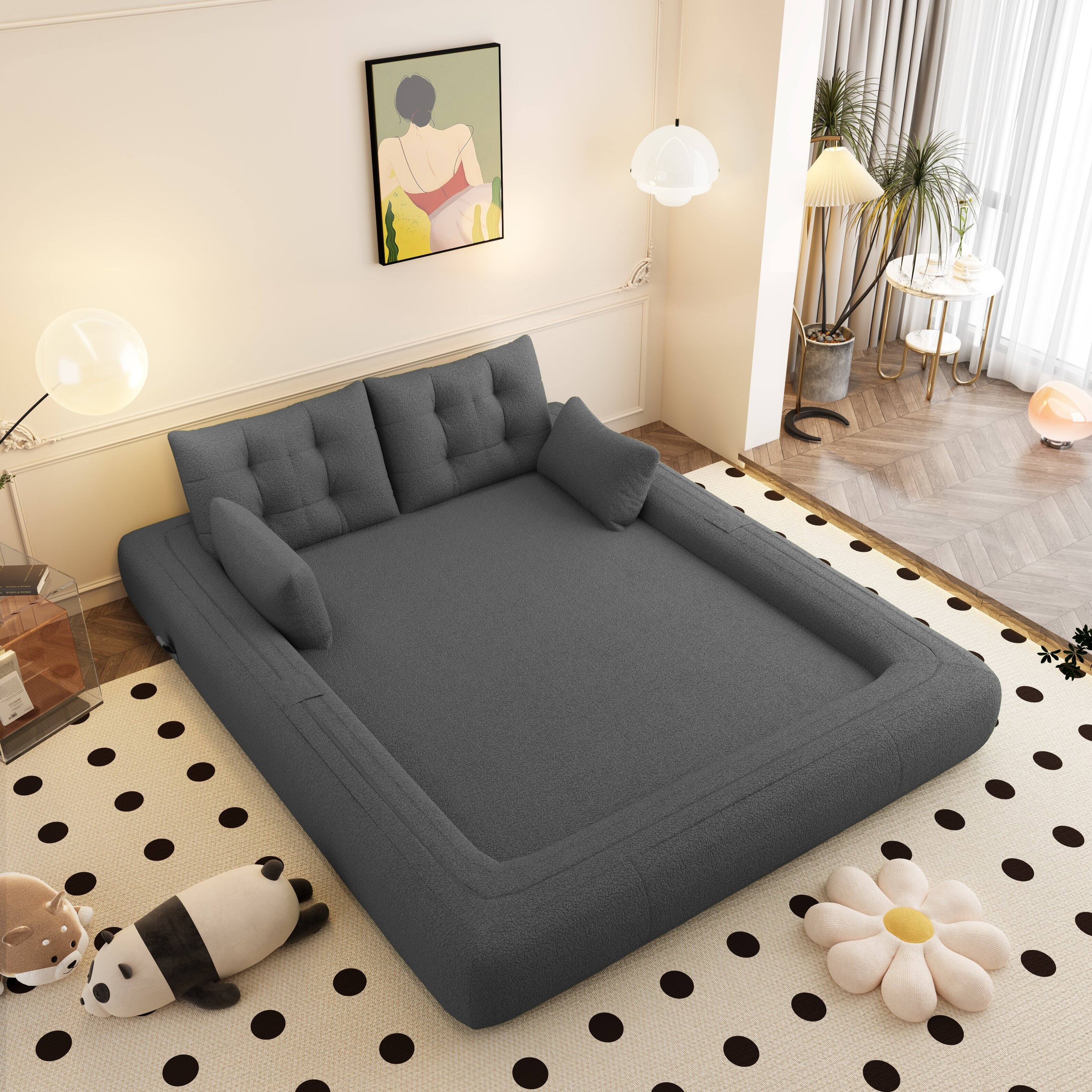 Angle. Anysun - Sofa Bed - 3-in-1 Foldable Sleeper, Teddy Fabric, Foam-Filled, for Living Room, Guest Bed & Playroom - Gray.
