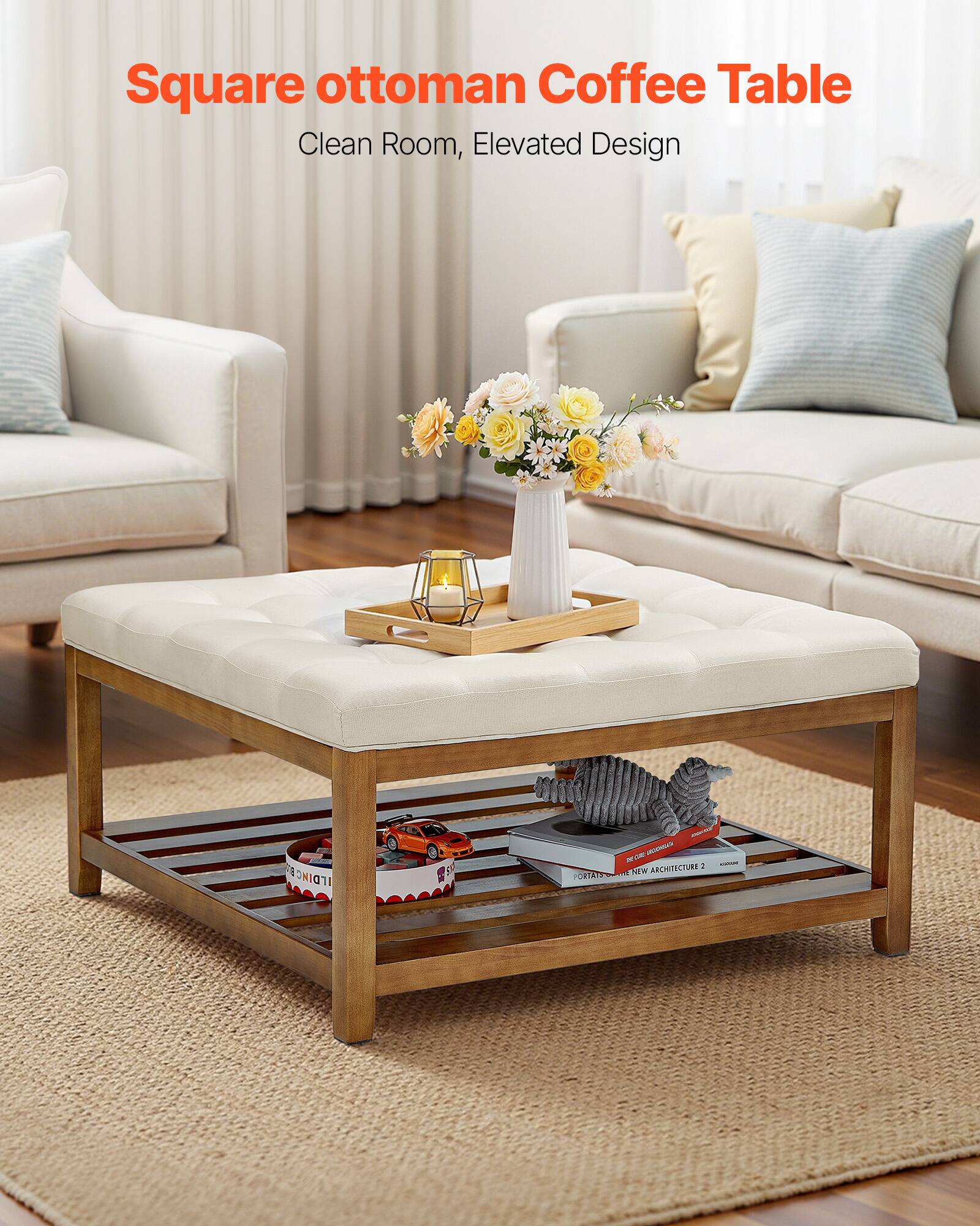 Square ottoman Coffee Table  
Clean Room, Elevated Design