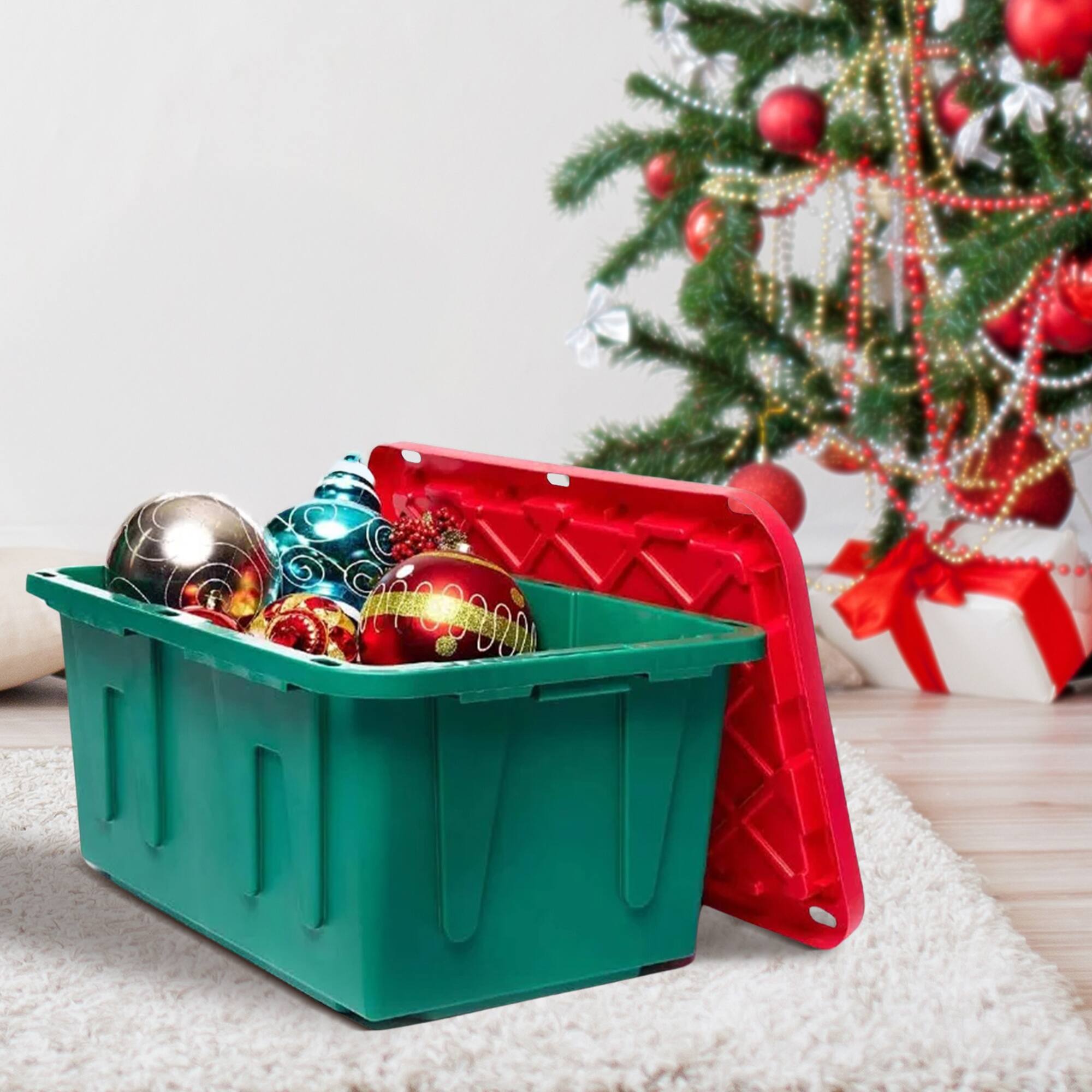 Alt View 7. Homz - HOMZ Durable 27 Gallon Heavy Duty Holiday Storage Tote, Green/Red, (4 Pack) - Green Base/Red Lid.