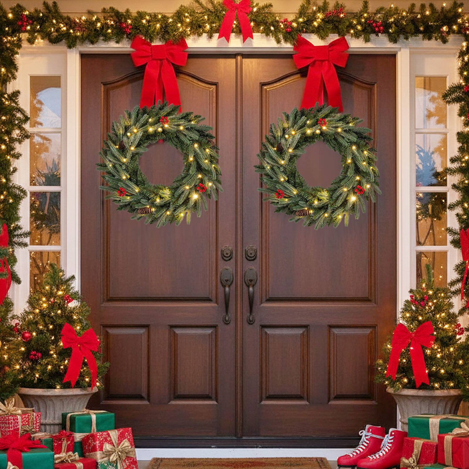 Alt View 3. Gymax - Gymax 2PCS 24'' Pre-lit Christmas Wreath Front Door Artificial Xmas Wreath w/Red Berries Green - Green.