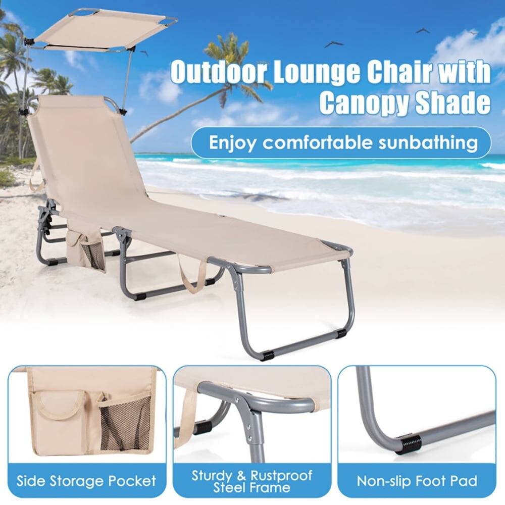 Outdoor Lounge Chair with Canopy Shade  
Enjoy comfortable sunbathing  

- Side Storage Pocket  
- Sturdy & Rustproof Steel Frame  
- Non-slip Foot Pad