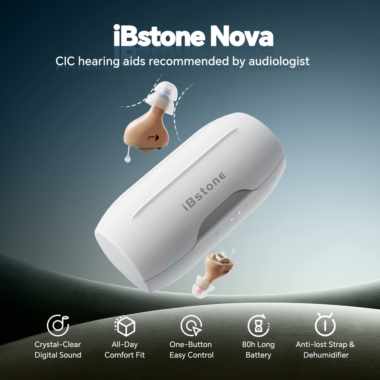 iBstone Nova CIC hearing aids recommended by audiologist

- Crystal-Clear Digital Sound
- All-Day Comfort Fit
- One-Button Easy Control
- 80h Long Battery
- Anti-lost Strap & Dehumidifier