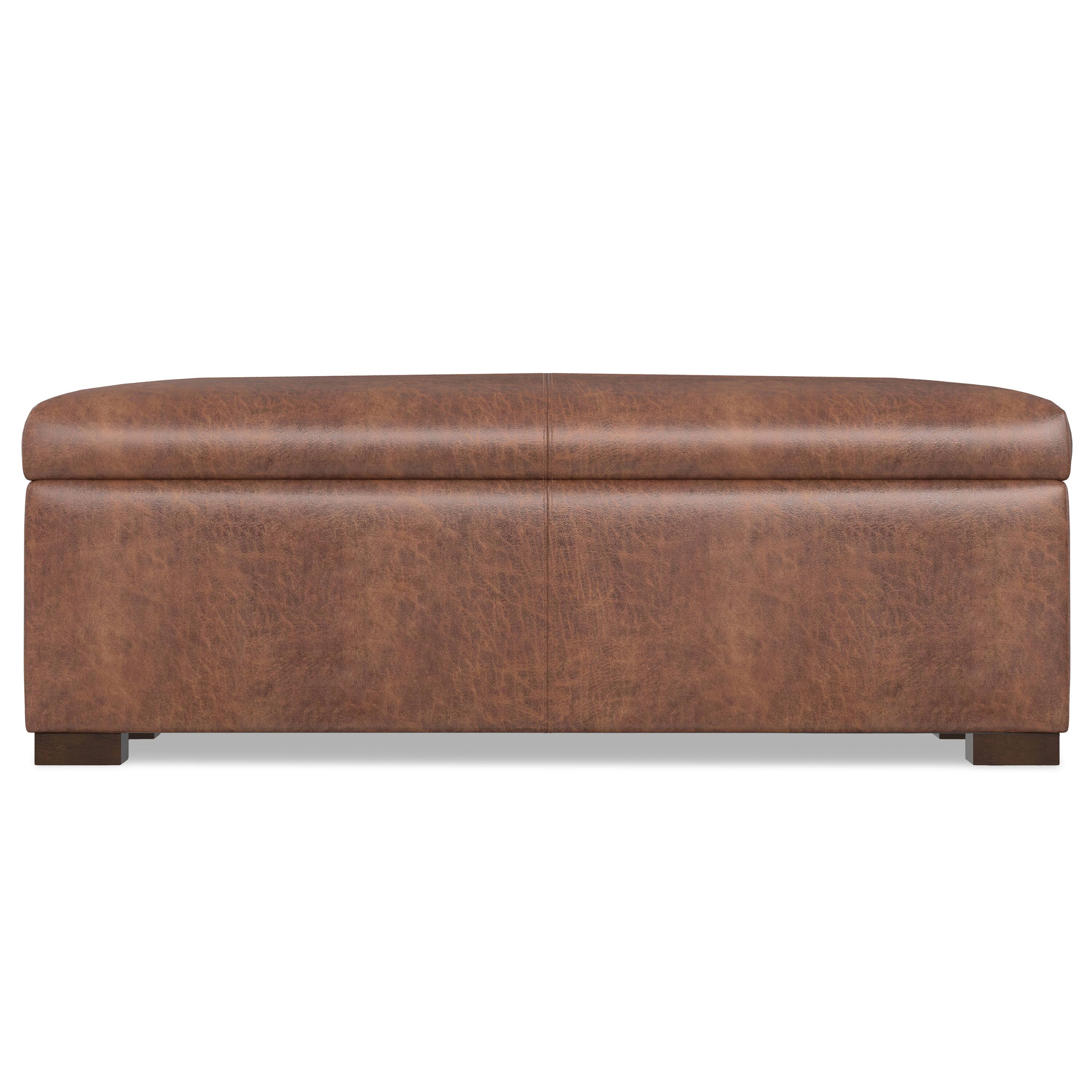 Left. Simpli Home - Gabbie 48 inch Wide Rectangular Storage Ottoman in Distressed Saddle Brown Vegan Leather - Distressed Saddle Brown.