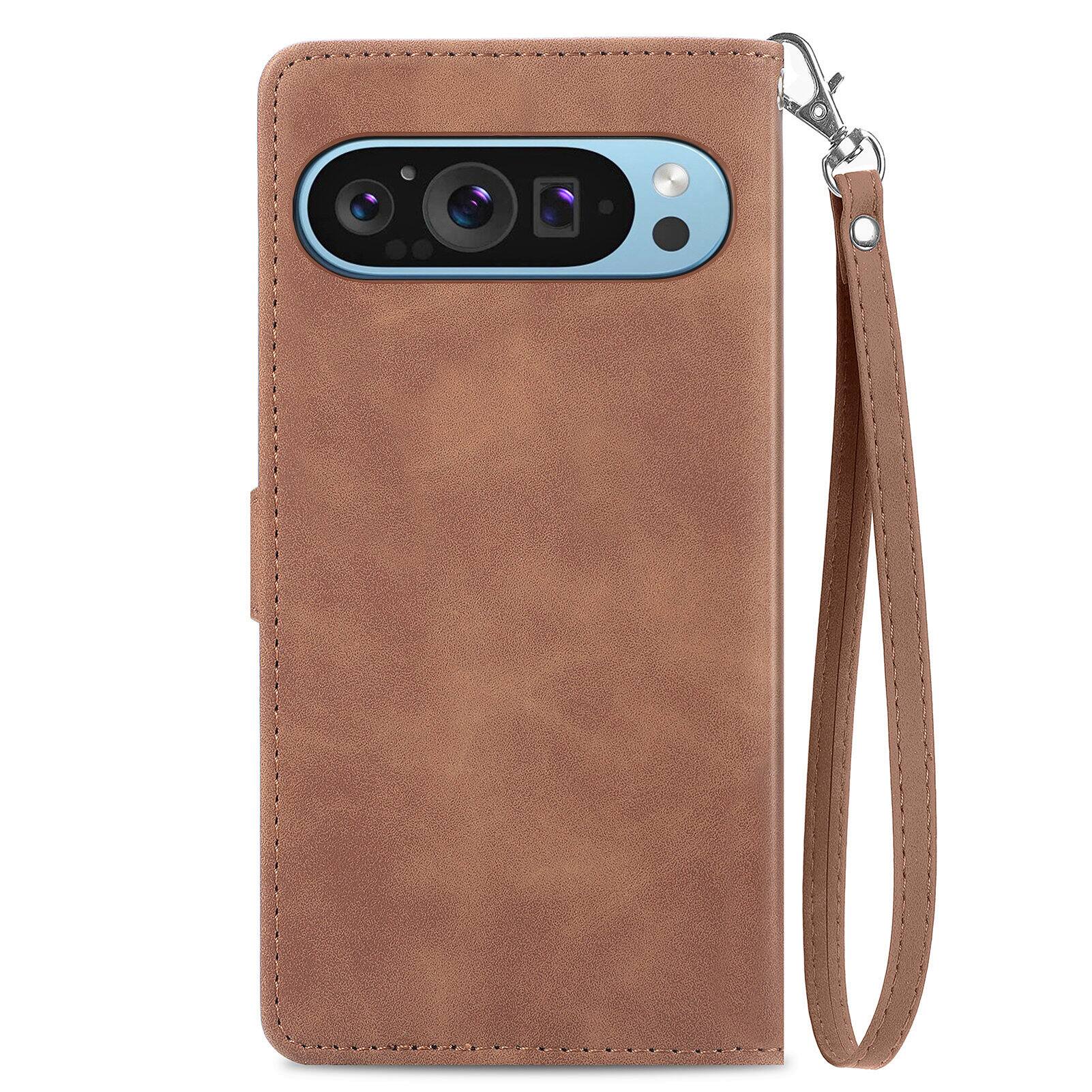 Angle. Dteck - for Google Pixel 10 Pro XL/9 Pro XL Wallet Case,Shockproof PU Leather Card Holder Cover with Zipper Pocket & Wrist Strap - Brown.