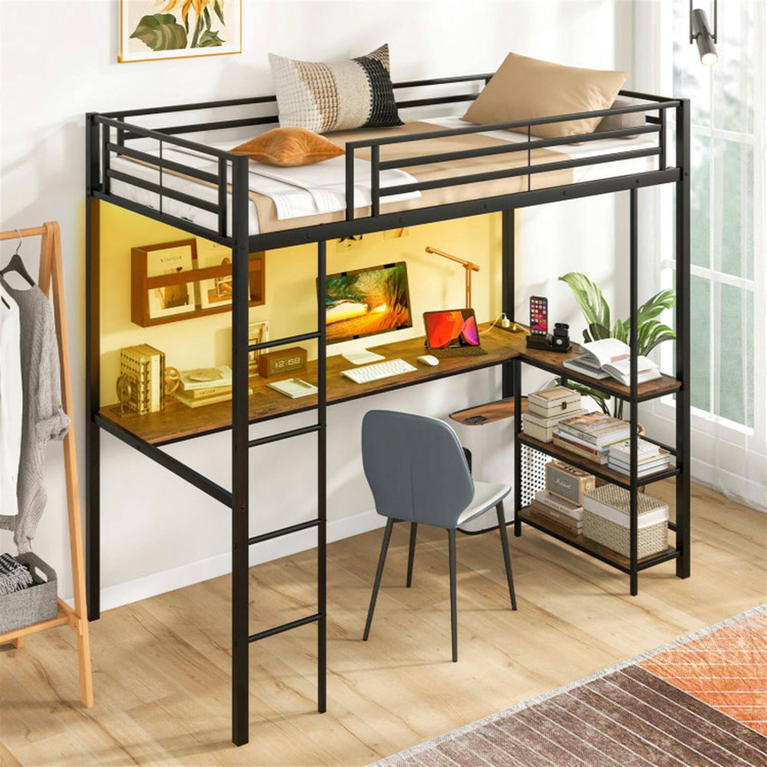 Alt View 2. Pefilos - Twin Size Loft Bed Raised Platform Bed with Desk and 2 Storage Shelves for Teens, Black - Black.