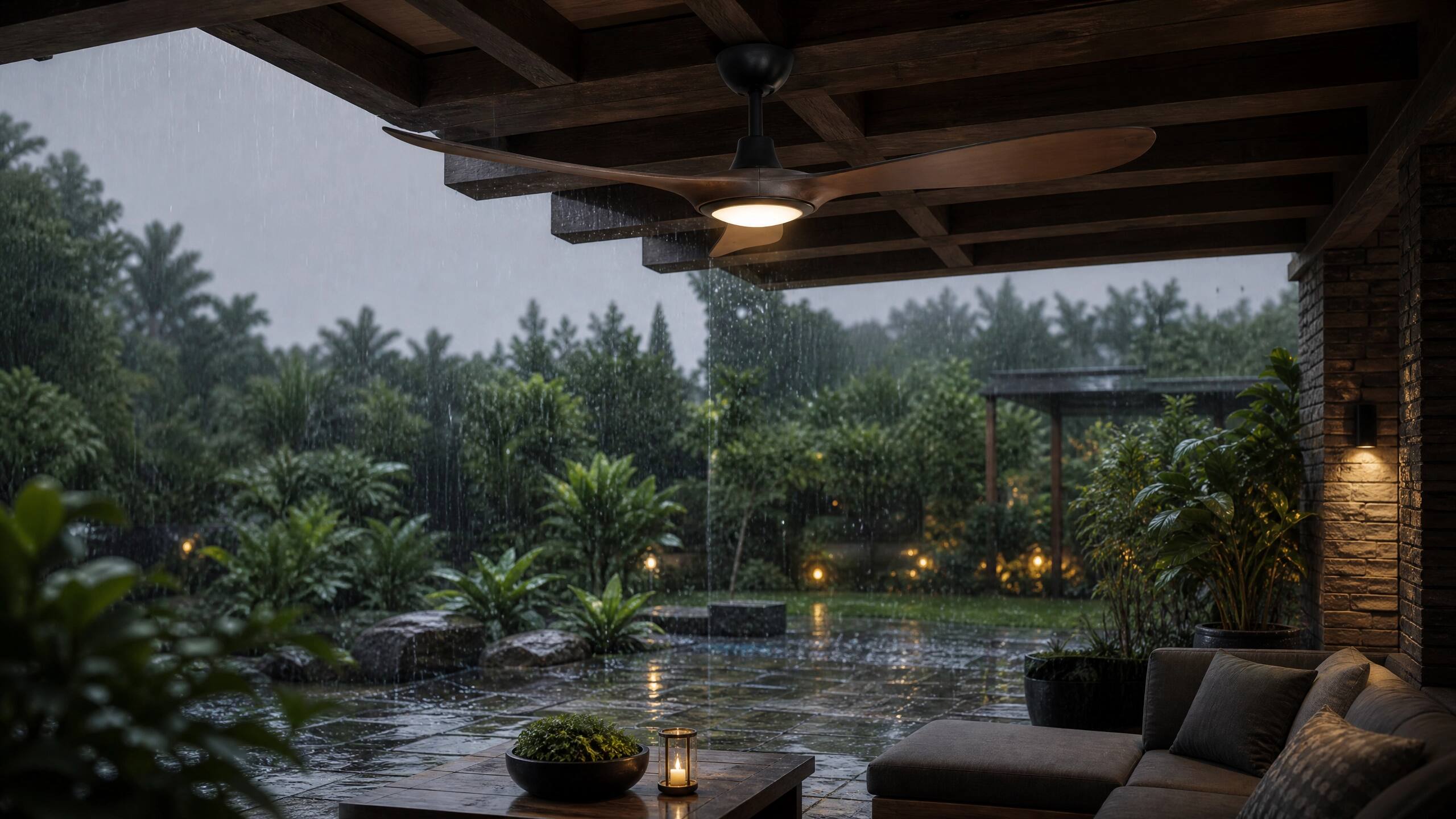 Alt View 4. ENLIGHT - 56" Smart Ceiling Fan, IP66 Outdoor/Coastal, CCT & Dimmable LED, Durable, Efficient + Quiet DC Motor, Matter, 3 Blades - Walnut Woodgrain.