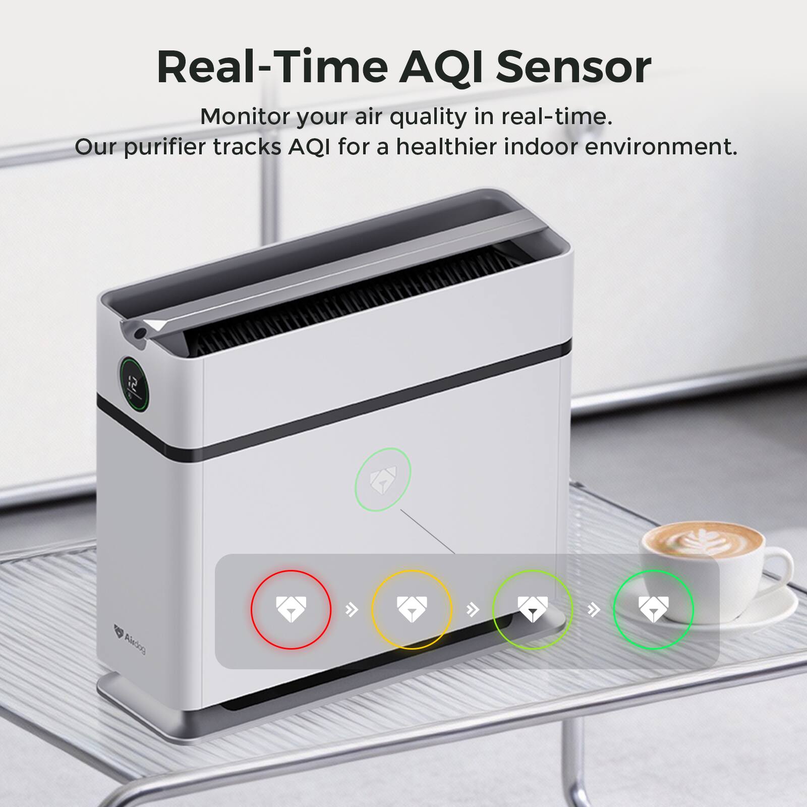 Real-Time AQI Sensor  
Monitor your air quality in real-time.  
Our purifier tracks AQI for a healthier indoor environment.