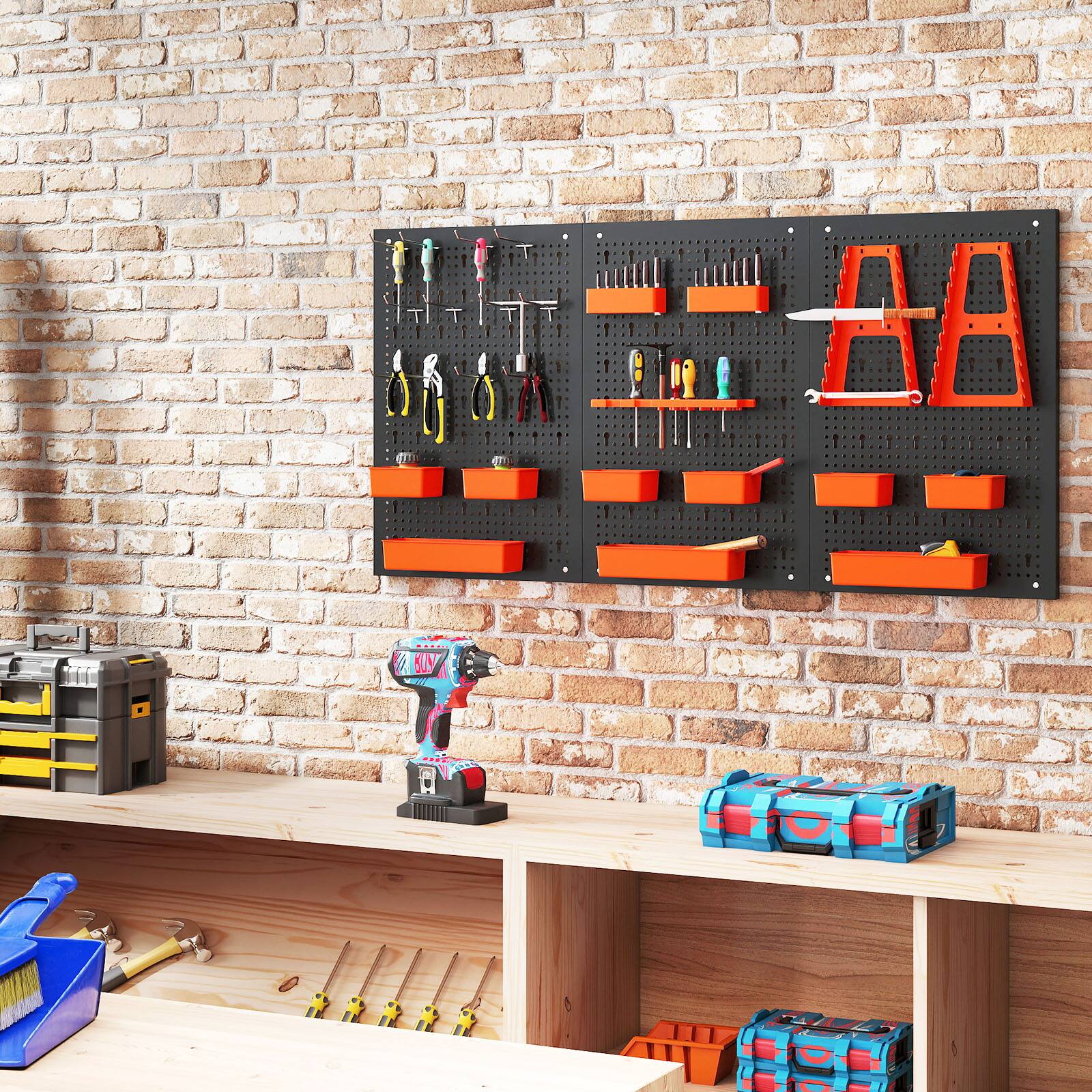 Alt View 8. Gymax - Gymax Pegboard Wall Organizer 9-Bin Parts Rack Organizer w/ Hammer Racks Tool Holders - Orange.