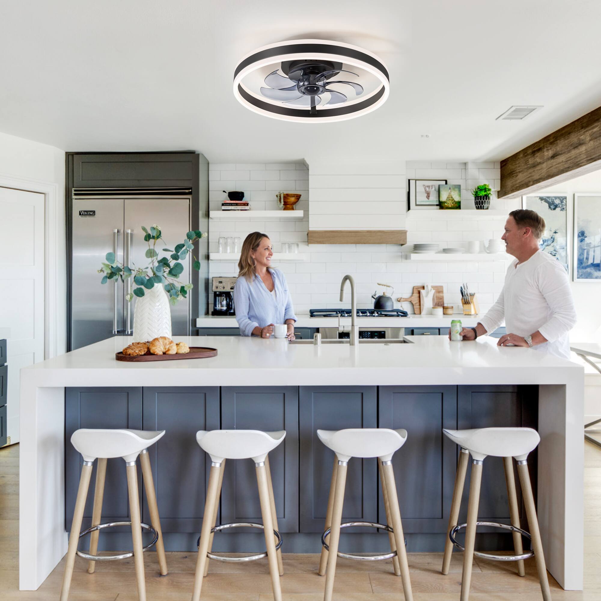 Left. Breezary - 20-Inch Flush Mount Enclosed Ceiling Fan with LED Light, Remote Control, 7 Blades, Reversible DC Motor - Black and Transparent.