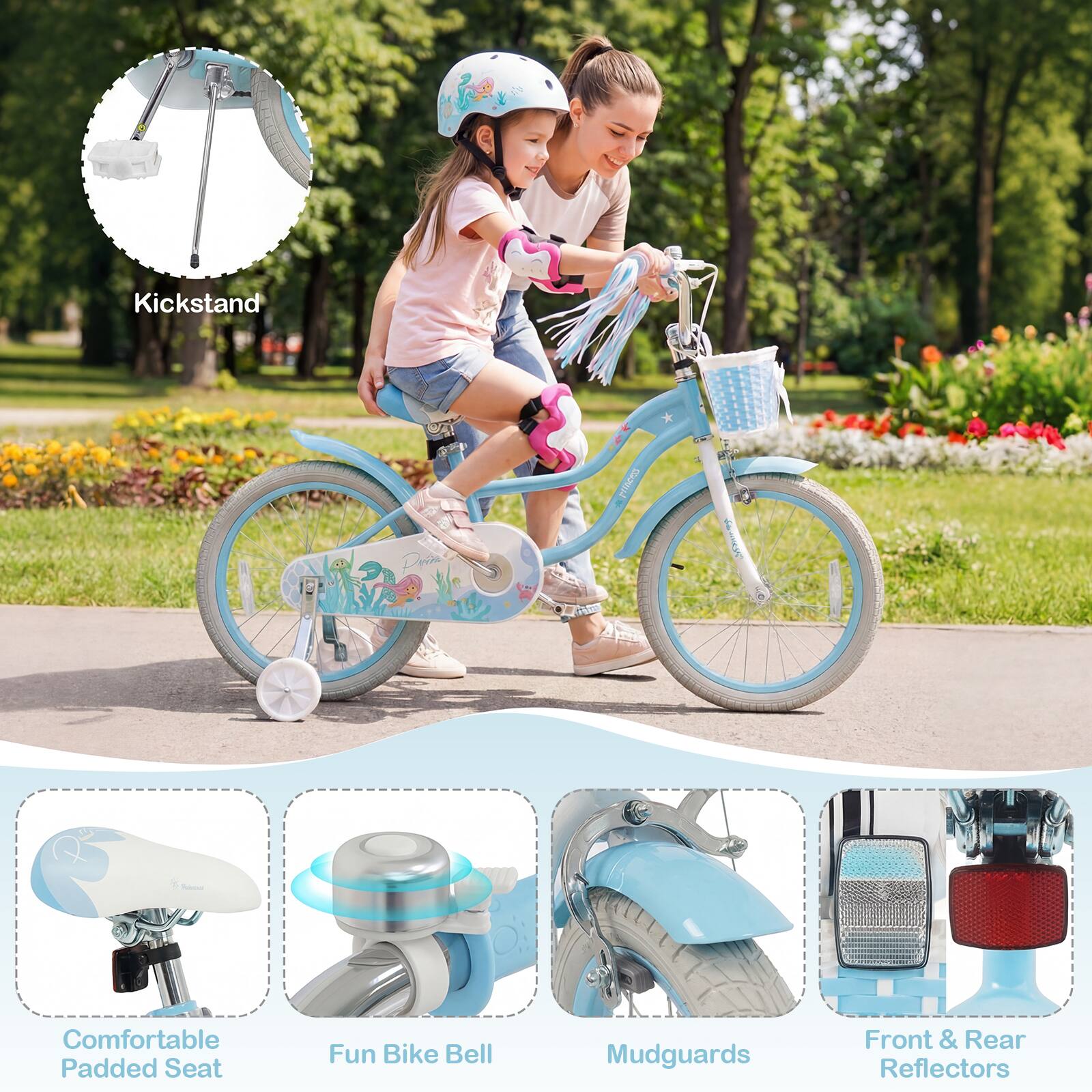 - Kickstand
- Comfortable Padded Seat
- Fun Bike Bell
- Mudguards
- Front & Rear Reflectors