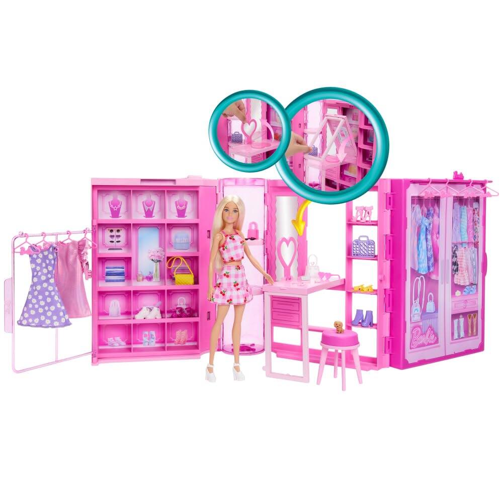 Left. Barbie - Barbie Dream Closet & Dressing Room Playset 29-Piece Set with Doll Vanity Clothing Racks Accessories Ages 3+ - Pink.