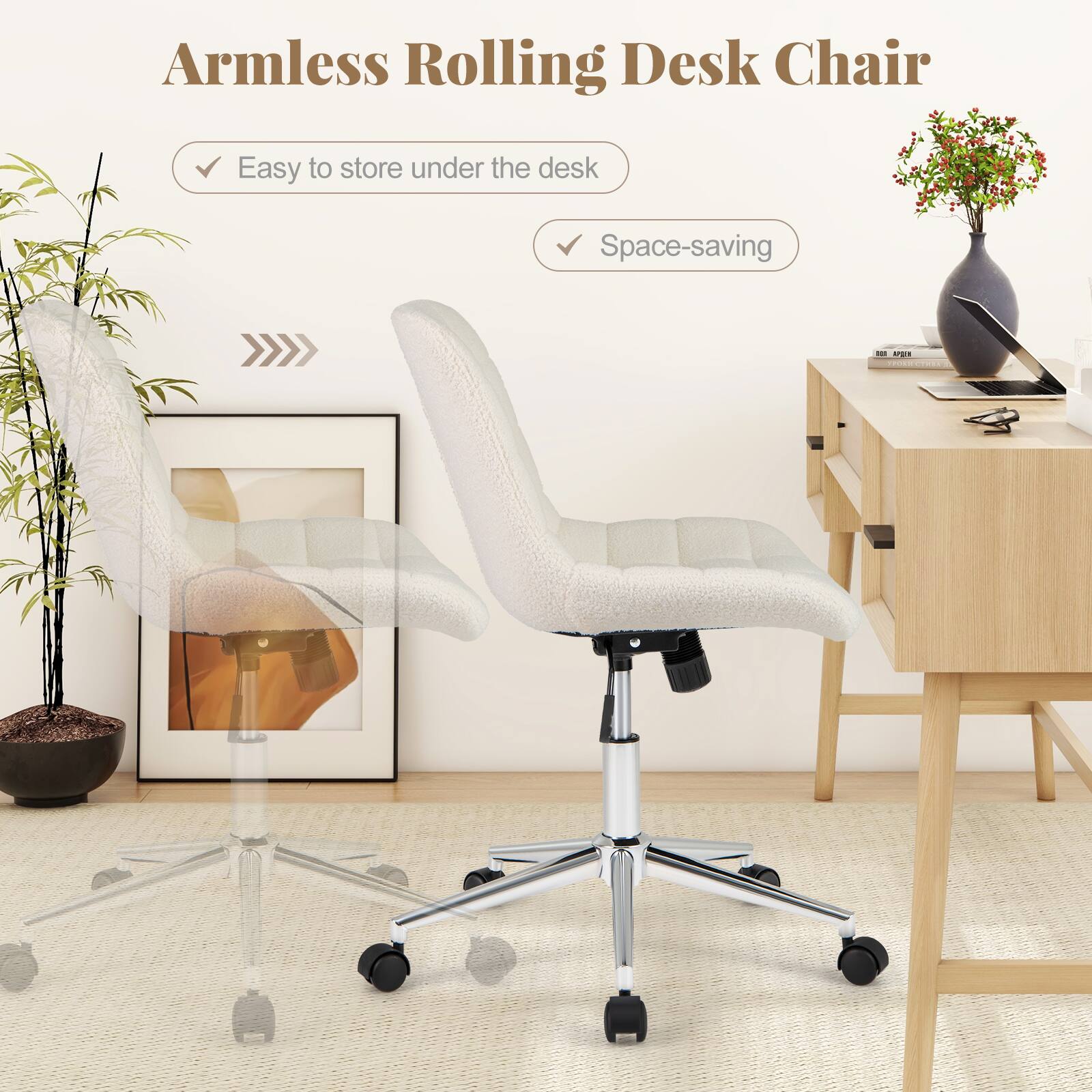Armless Rolling Desk Chair
- Easy to store under the desk
- Space-saving