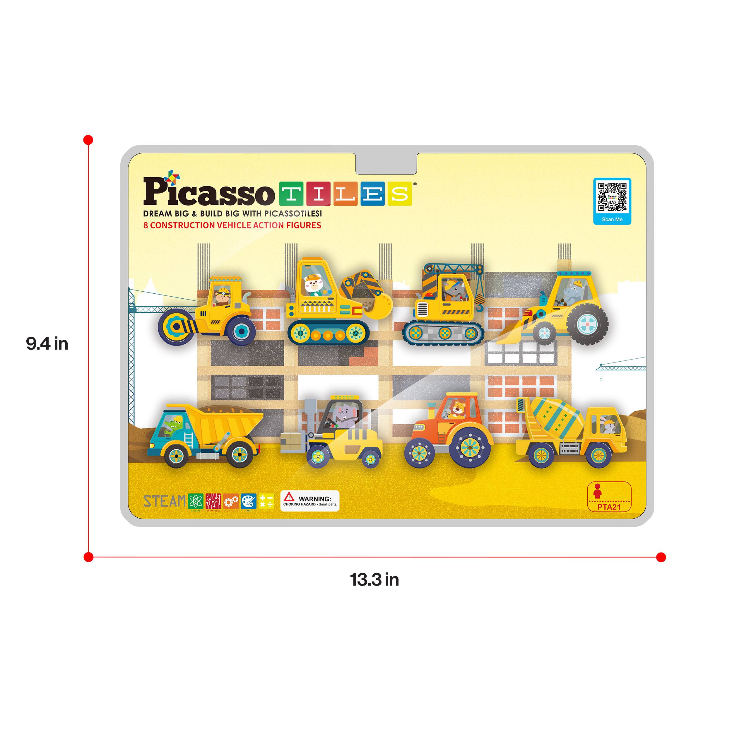 Picasso Tiles  
DREAM BIG & BUILD BIG WITH PICASSOTILES!  
8 CONSTRUCTION VEHICLE ACTION FIGURES  

9.4 in  
13.3 in  

STEAM  
WARNING:  
CHOKING HAZARD - Small parts. Not for children under 3 years.  

PTA21