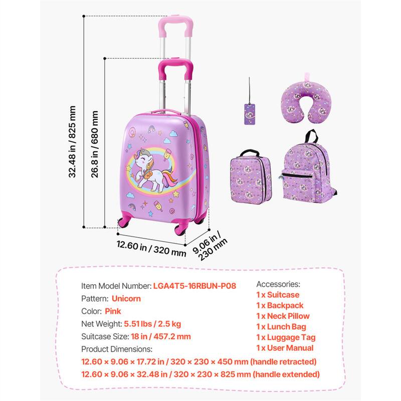 Item Model Number: LGA4T5-16RBUN-PO8  
Accessories:  
- 1 x Suitcase  
- 1 x Backpack  
- 1 x Neck Pillow  
- 1 x Lunch Bag  
- 1 x Luggage Tag  
- 1 x User Manual  

Suitcase Pattern: Unicorn  
Color: Pink  
Net Weight: 5.51 lbs / 2.5 kg  
Suitcase Size: 18 in / 457.2 mm  

Product Dimensions:  
- 12.60 x 9.06 x 17.72 in / 320 x 230 x 450 mm (handle retracted)  
- 12.60 x 9.06 x 32.48 in / 320 x 230 x 825 mm (handle extended)