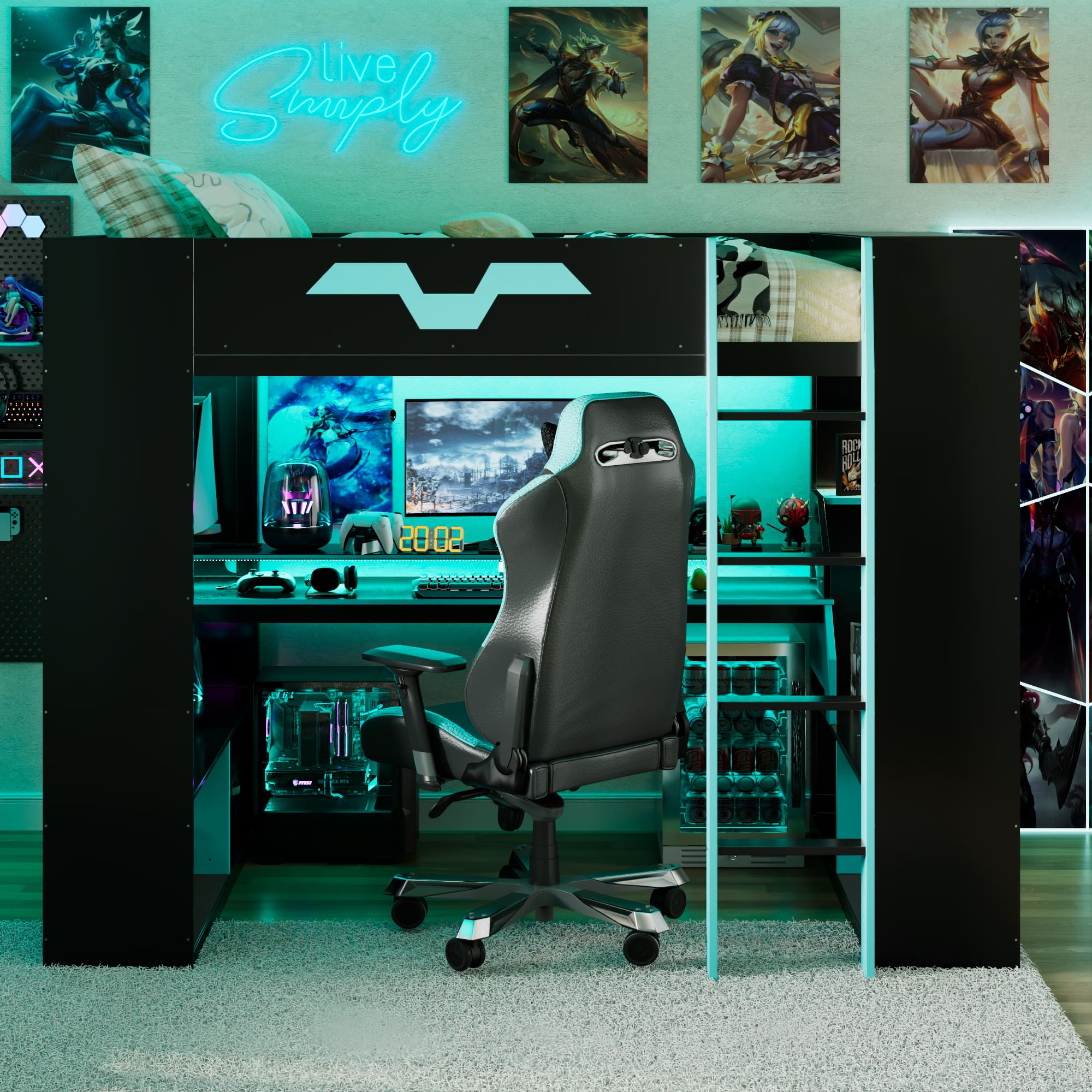 Anysun - Full Size Wood Loft Bed with Power Outlet & USB/Type-C Ports, Integrated Cable Management, and RGB Light - Blue