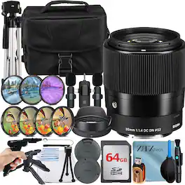 Bundle - Sigma - 30mm f/1.4 DC DN Contemporary Lens for Sony + 64GB Memory Card + Lavalier Microphone + ZeeTech - Black