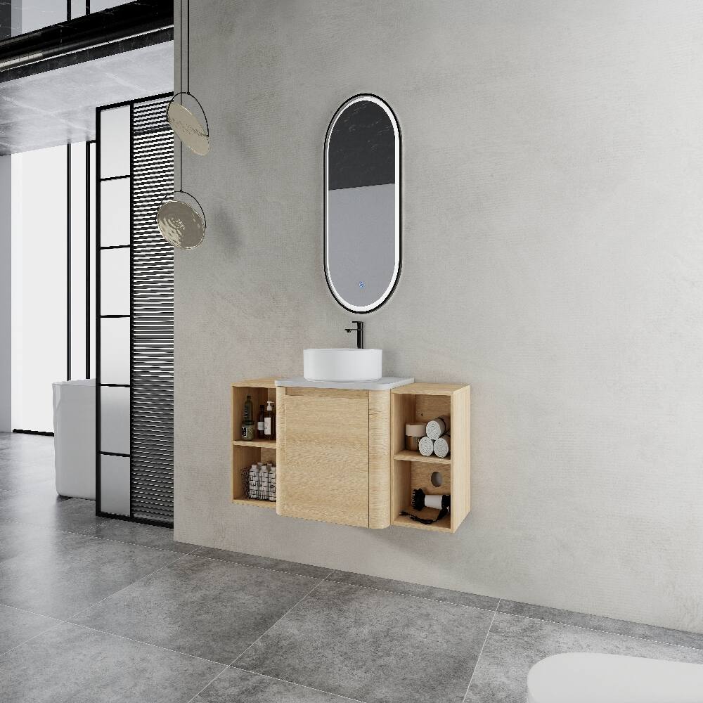 Back. Loheer - Loheer 48 inch wall mounted bathroom vanity with storage shelves, american white oak floating vanity - American White Oak.