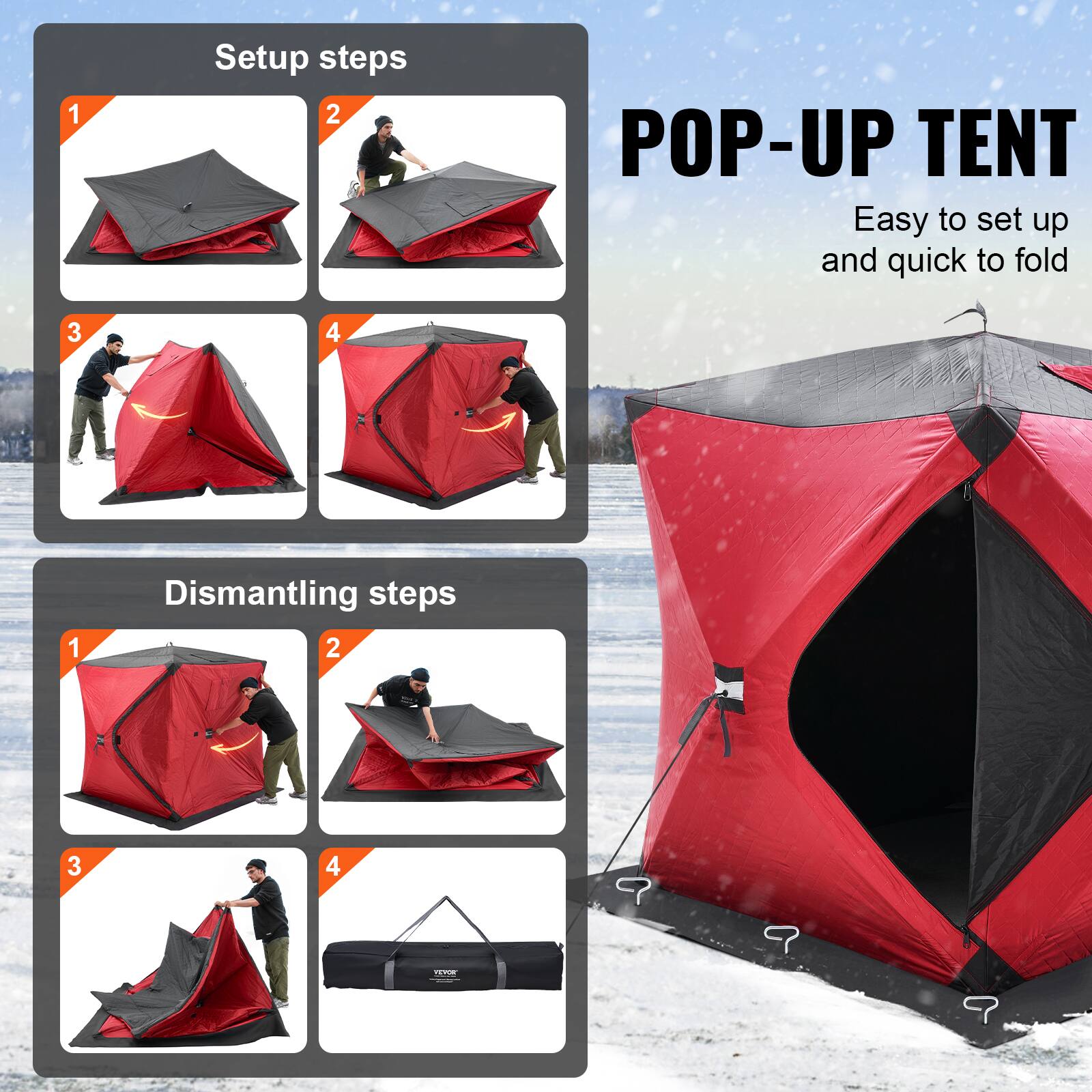 **Setup steps**

1. [Image of tent partially set up]
2. [Image of tent being unfolded]
3. [Image of tent being adjusted]
4. [Image of fully set up tent]

**POP-UP TENT**

Easy to set up and quick to fold

**Dismantling steps**

1. [Image of tent being folded]
2. [Image of tent being folded further]
3. [Image of tent being folded into a compact shape]
4. [Image of fully folded tent in a carrying bag]
