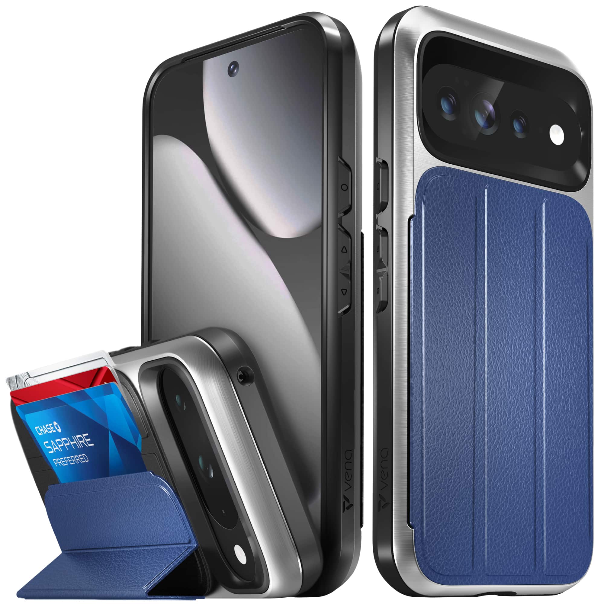 Vena - vCommute Wallet Case For Google Pixel 11 Pro XL, Leather Flip Cover with Card Slot and Kickstand, Blue - Blue|Silver|Black price history on PriceWatchPro