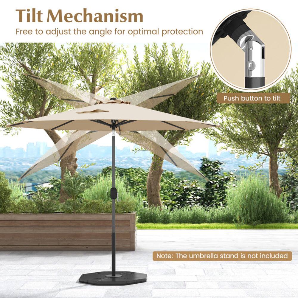 Tilt Mechanism  
Free to adjust the angle for optimal protection  
Push button to tilt  

Note: The umbrella stand is not included
