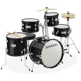Gammon Percussion - 5pc Junior Drum Set - Beginner Percussion Kit with Stool and Stands - Black