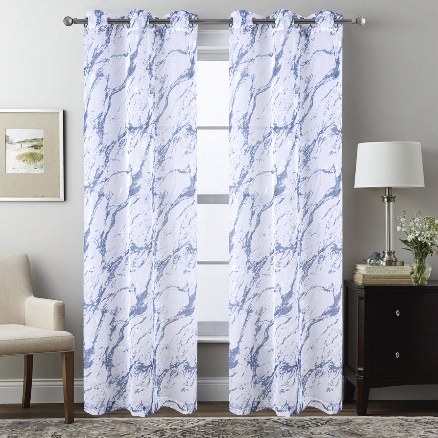 Angle. RT Designers Collection - RT Designers Collection Marble Grommet Metallic Sheer Printed Doily Curtain Panel 54" x 84" Blue - Blue.