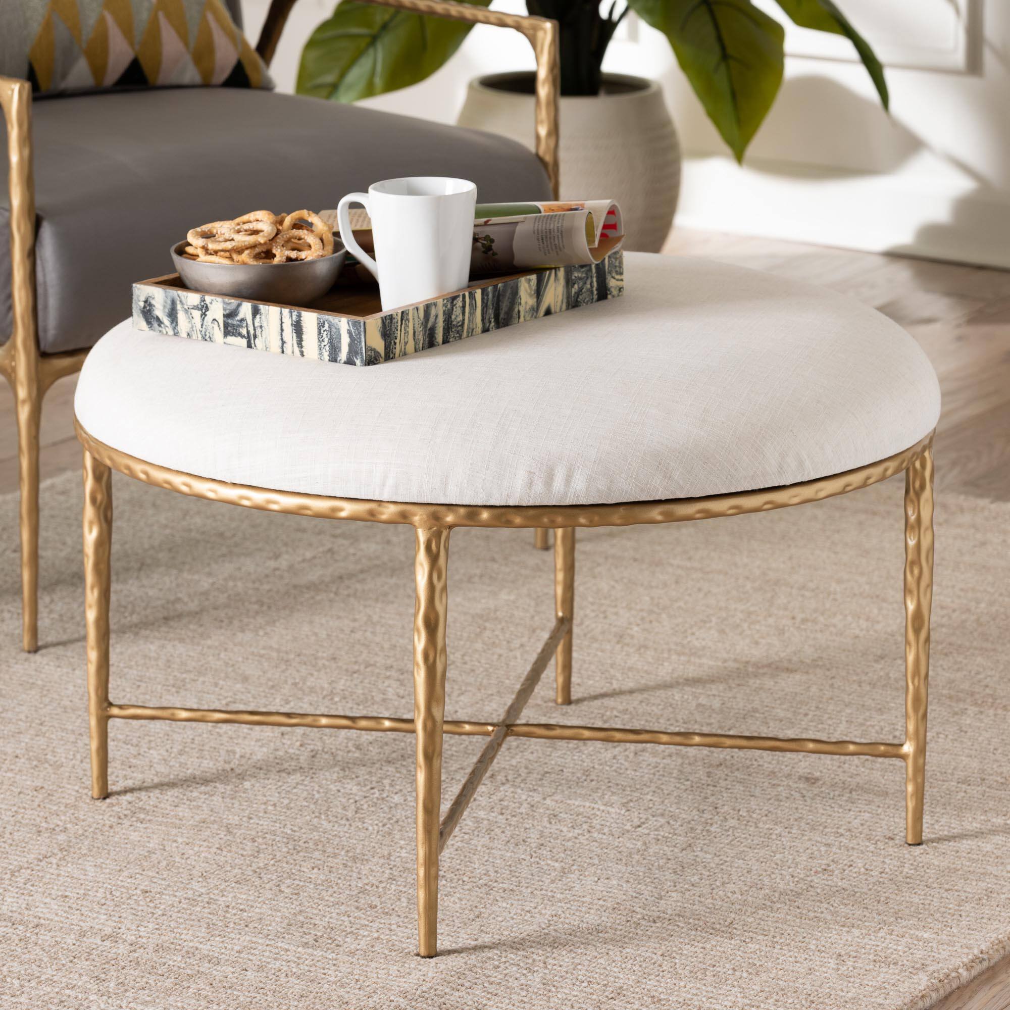 Alt View 2. Baxton Studio - Fumiye Cocktail Ottoman - Modern Rustic Accent Stool with Hand-Forged Metal Frame and Upholstered Seat, Round 30" - Ivory/Gold.