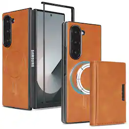 Dteck - 2-in-1 Magnetic Wallet Case for Samsung Galaxy Z Fold7, Shockproof PU Leather Cover with Detachable 7-Card Holder - Brown
