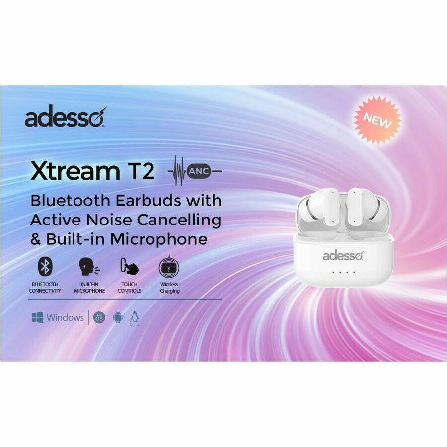 adesso

Xtream T2 ANC  
Bluetooth Earbuds with Active Noise Cancelling & Built-in Microphone

- BLUETOOTH CONNECTIVITY
- BUILT-IN MICROPHONE
- TOUCH CONTROLS
- Wireless Charging

Windows OS

NEW
