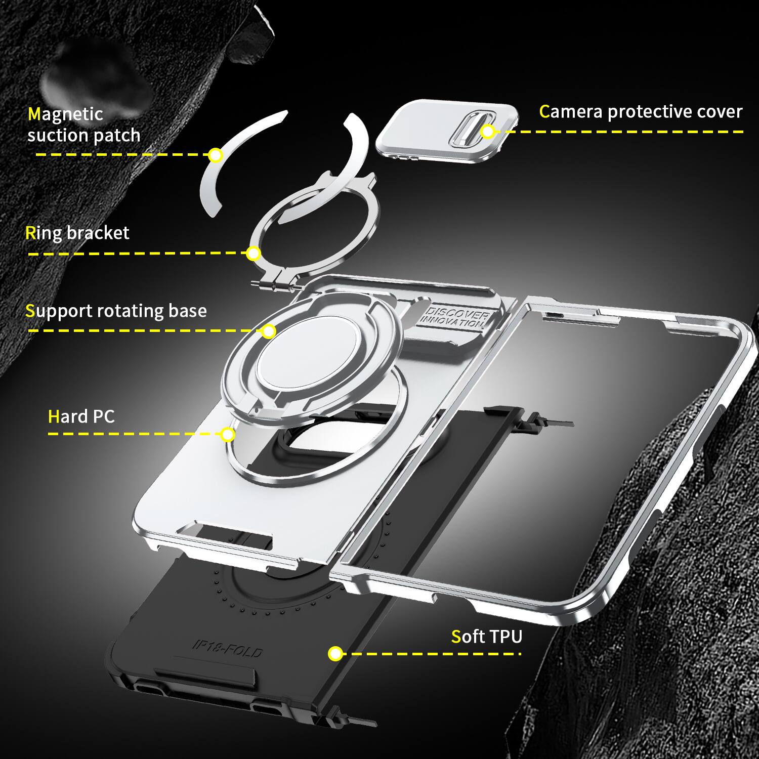 Magnetic suction patch  
Camera protective cover  
Ring bracket  
Support rotating base  
INNOVATION DISCOVER  
Hard PC  
IP18-FOLD  
Soft TPU