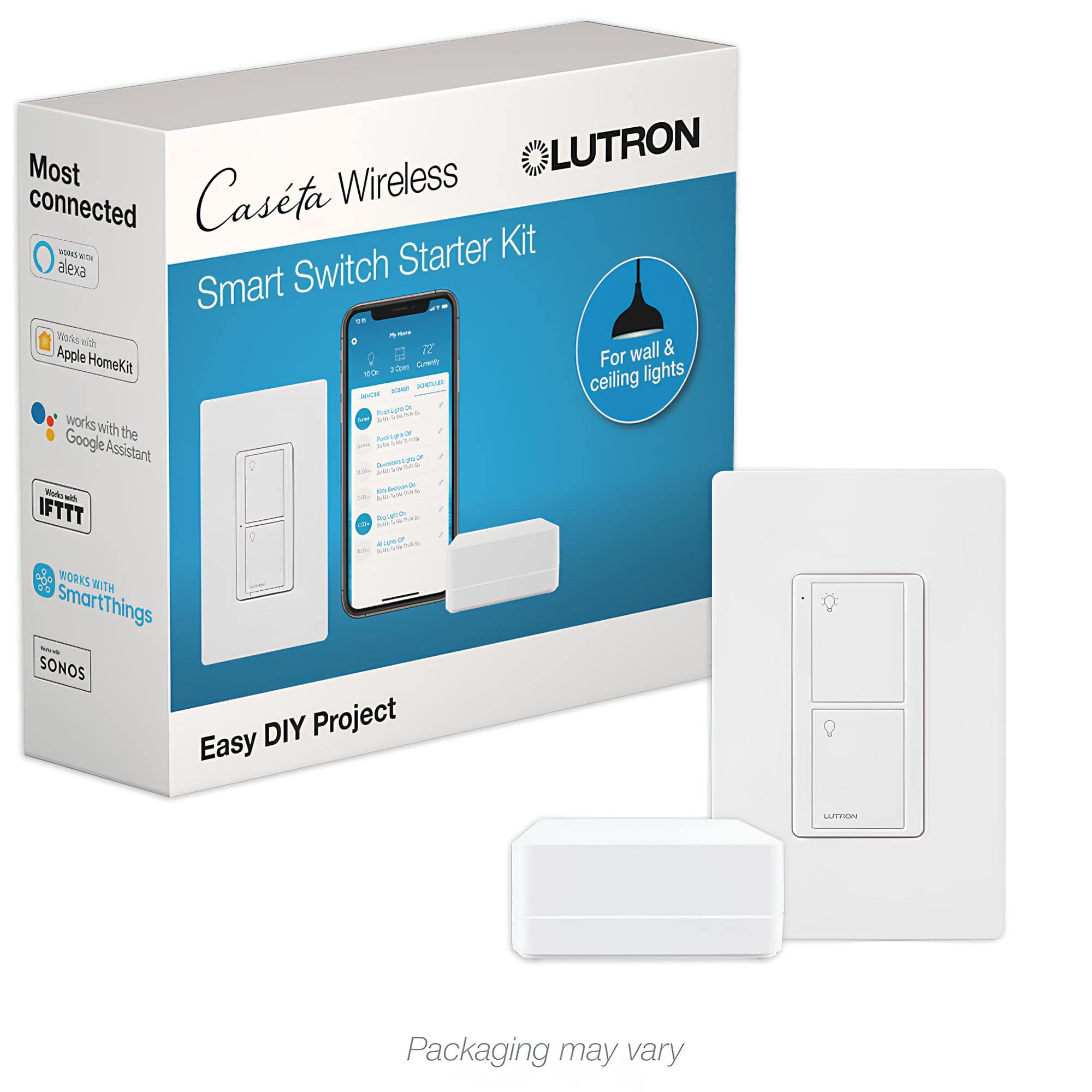Most Lutron Caseta Wireless connected BOWS -I Starter Kit, alexa Switch Smart - tiaria with Apple HomeKit 72 wall & HomeKit. For "a E ceiling lights - - GAOee works with Google the tu N Assistant Sonided -a Vvle - IFTTT Ioyo RAI WORKS WITH SmartThings SONOS DIY Project Easy UT Packaging may vary.
