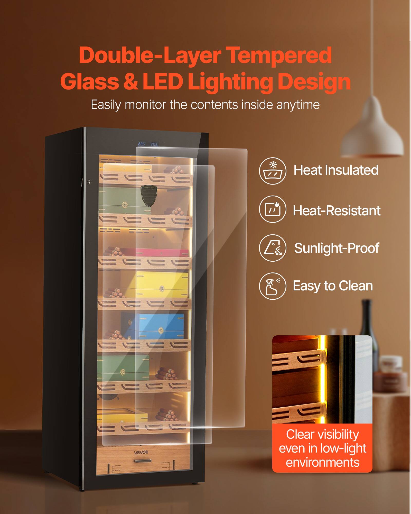 Double-Layer Tempered Glass & LED Lighting Design  
Easily monitor the contents inside anytime  

- Heat Insulated  
- Heat-Resistant  
- Sunlight-Proof  
- Easy to Clean  

Clear visibility even in low-light environments