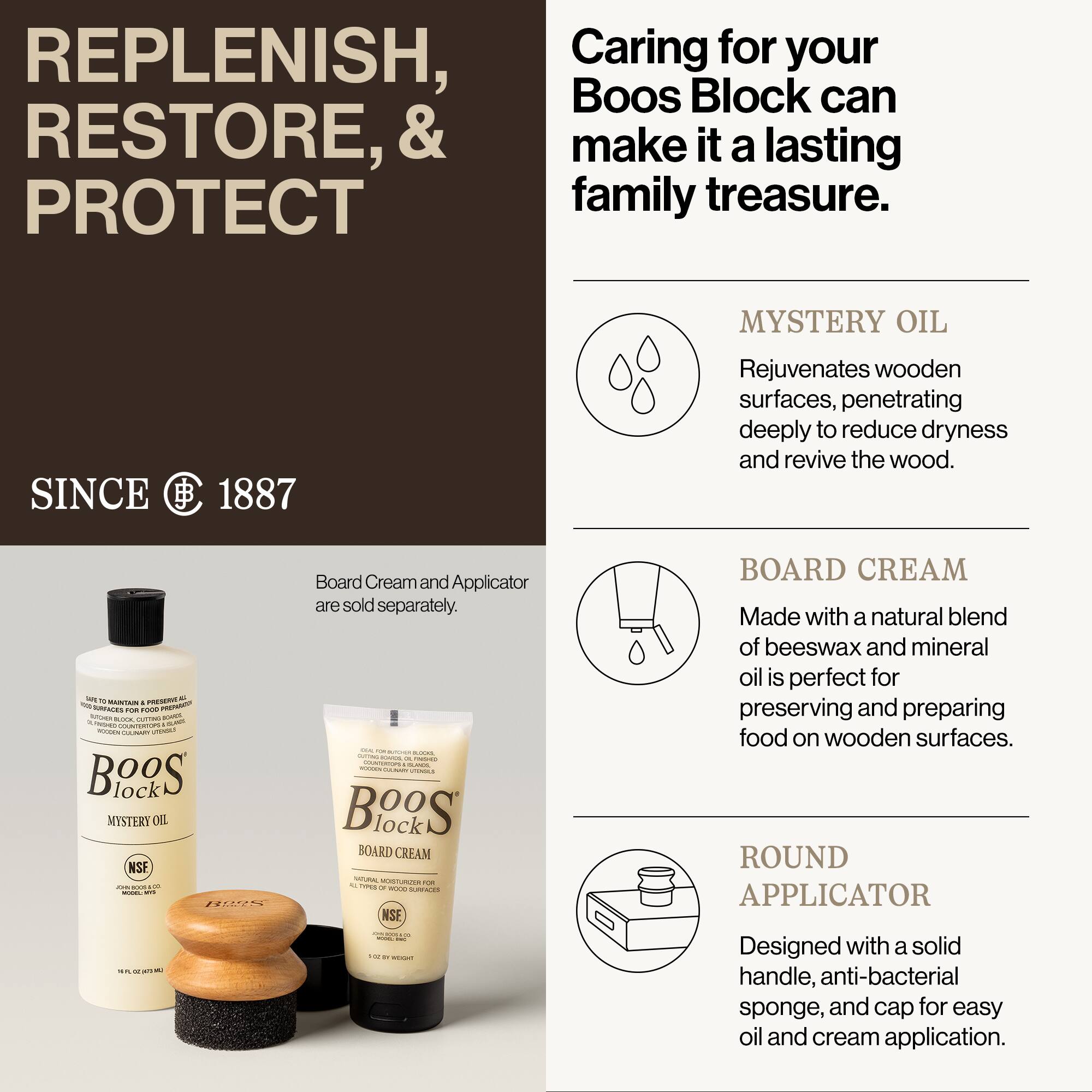 REPLENISH, RESTORE, & PROTECT

SINCE 1887

Caring for your Boos Block can make it a lasting family treasure.

MYSTERY OIL
Rejuvenates wooden surfaces, penetrating deeply to reduce dryness and revive the wood.

BOARD CREAM
Made with a natural blend of beeswax and mineral oil is perfect for preserving and preparing food on wooden surfaces.

ROUND APPLICATOR
Designed with a solid handle, anti-bacterial sponge, and cap for easy oil and cream application.

Board Cream and Applicator are sold separately.
