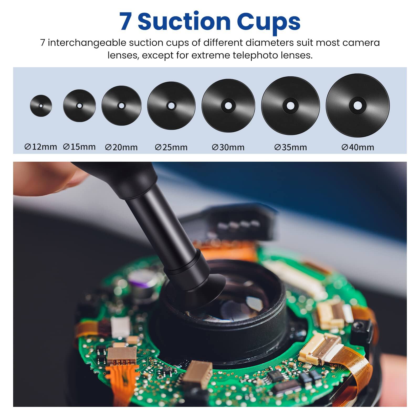 7 Suction Cups

7 interchangeable suction cups of different diameters suit most camera lenses, except for extreme telephoto lenses.

12mm 15mm 20mm 25mm 30mm 35mm 40mm
