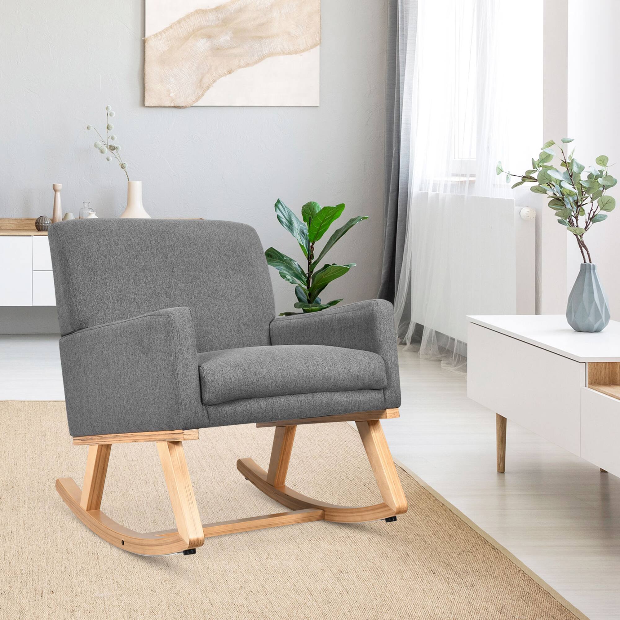 Alt View 3. Gymax - Gymax Mid Century Fabric Rocking Chair Upholstered Accent Armchair Lounge Chair Gray - Gray.