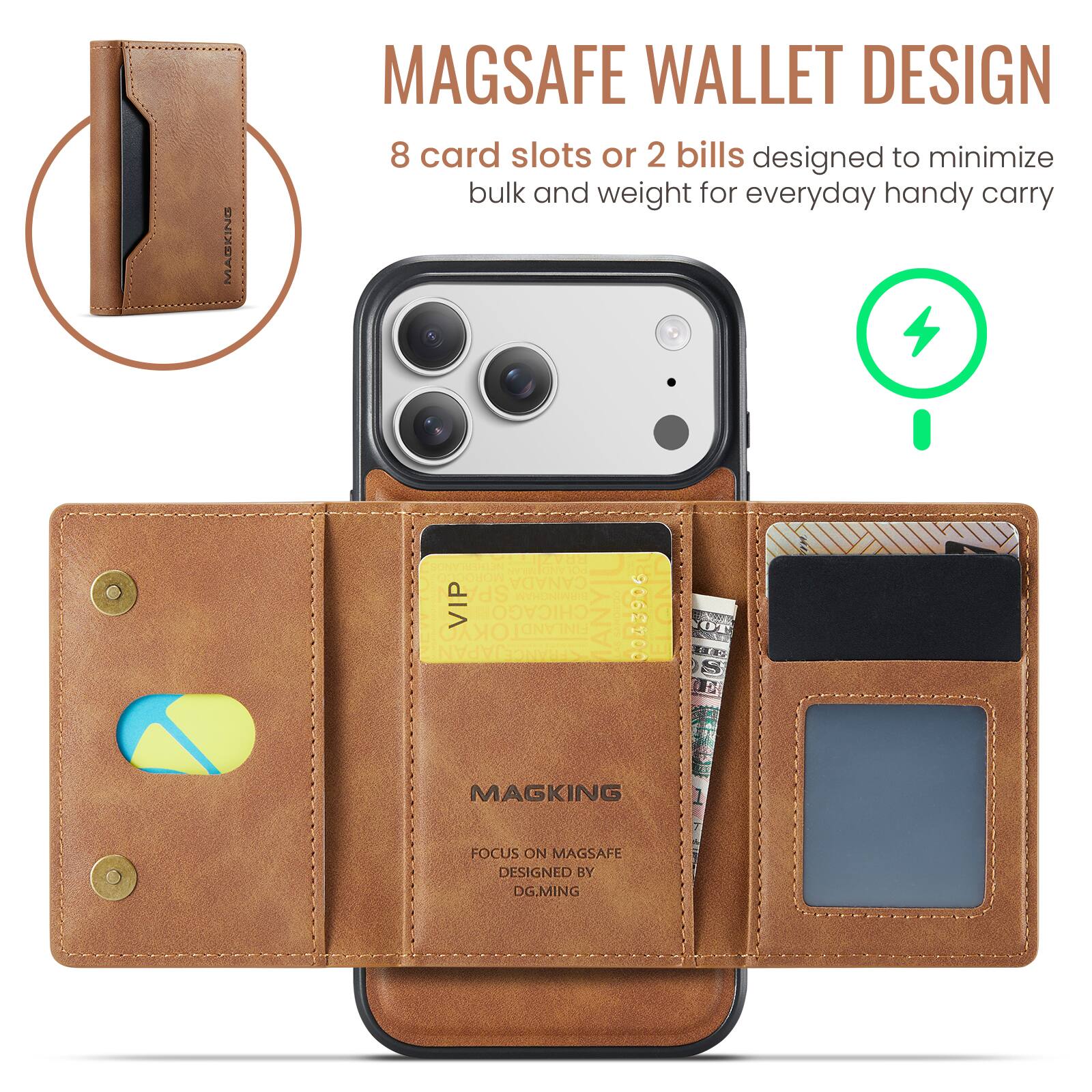 MAGSAFE WALLET DESIGN  
8 card slots or 2 bills designed to minimize bulk and weight for everyday handy carry  

1AR MOR CANADA P SPA AYIONINGN VIP CHICAGO FINLANDI OKYO JAPAN FRANOE 9062200 H MAGKING FOCUS ON MAGSAFE DESIGNED BY DG.MING