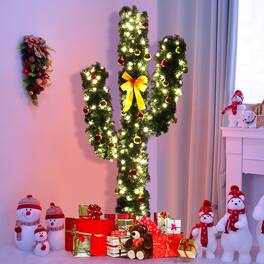 Gymax - 7Ft Cactus Artificial Christmas Tree Pre-Lit w/LED Lights and Ball Ornaments - Green