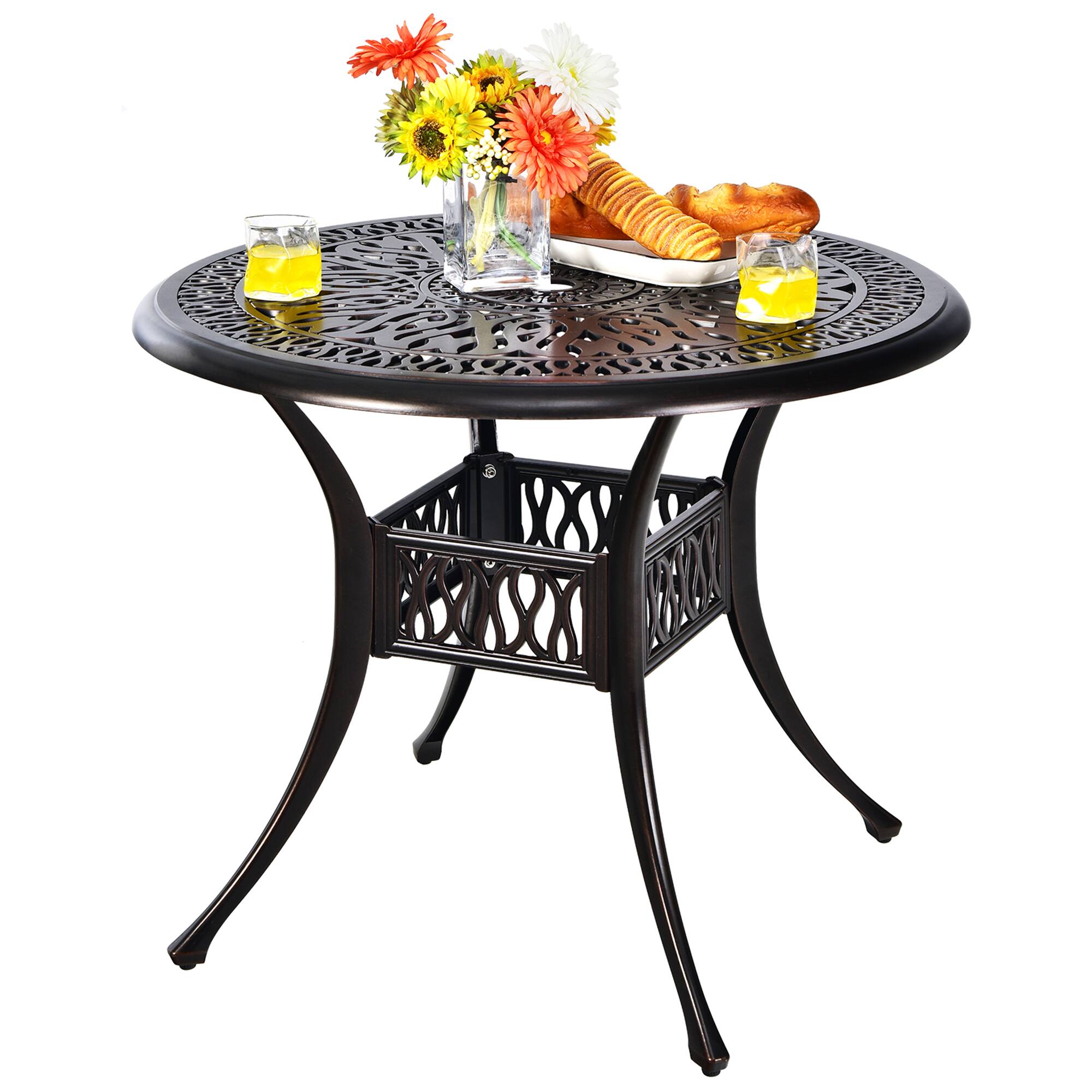 Alt View 9. Gymax - Gymax 36'' Outdoor Round Dining Table Cast Aluminum Patio Bistro Table w/ Umbrella Pole - Black.