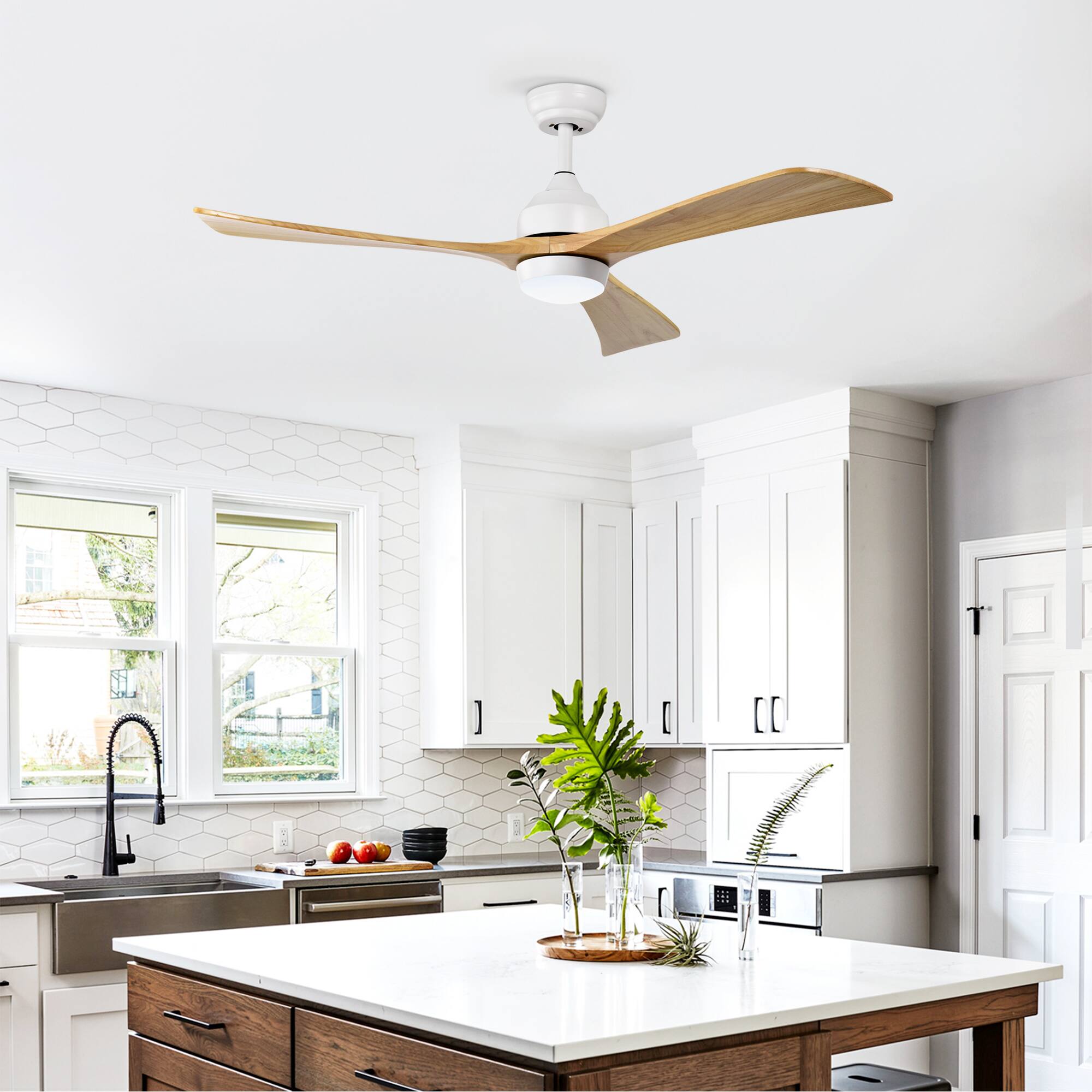 Back. Loheer - Loheer 52 Inch Ceiling Fan with Light, Solid Wood 3 Blade Ceiling Fan, Quiet DC Motor Reversible Remote Control, White.