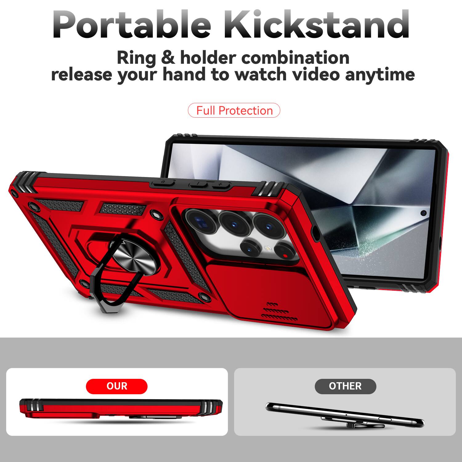 Portable Kickstand  
Ring & holder combination release your hand to watch video anytime  
Full Protection  

OUR  
OTHER