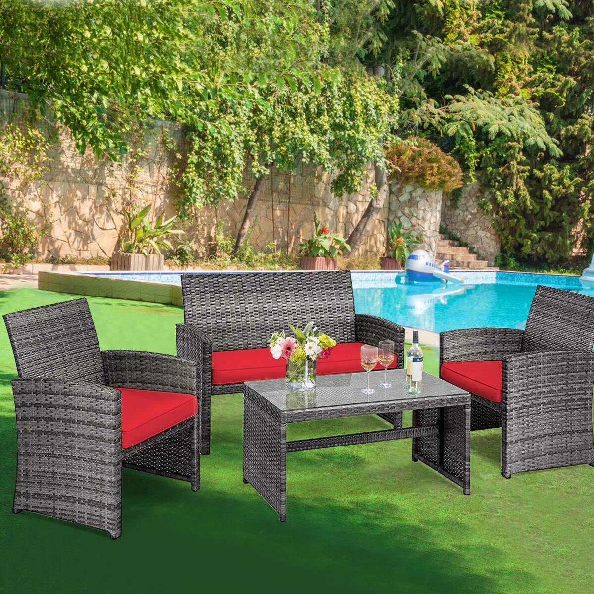 Alt View 1. Costway - Costway 4PCS Patio Rattan Conversation Glass Table Top Cushioned Sofa - Red.